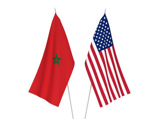 National fabric flags of America and Morocco isolated on white background. 3d rendering illustration.