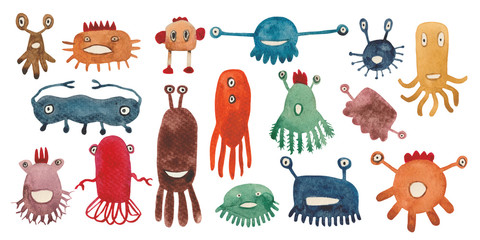 Watercolor set of funny monsters and germs. Unique creatures for baby products and designer compositions. Multi-colored individuals will look great on fabric or paper. © Julia