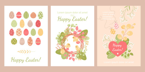 Fototapeta na wymiar Set of cards for Easter with cute chickens, painted eggs and flowers