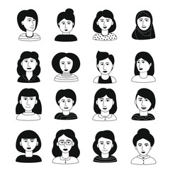 Collection of women's faces of different nationalities and ethnic groups. Avatars, portraits, characters for the site, profiles for the app. International women's day. Hand drawn doodle line.