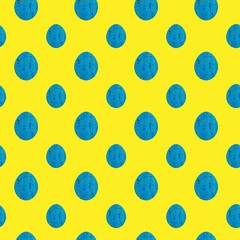 Blue Easter egg seamless pattern. Hand drawing watercolor sketch on yellow background. Colorful illustration. Picture can be used in greeting cards, posters, flyers, banners, logo, further design etc.