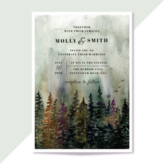 wedding invitation with misty forest landscape watercolor