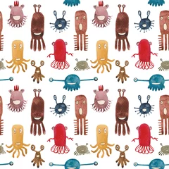 Tapeten Aquarell nahtlose Muster von lustigen Monstern und Keimen. Einzigartige Kreaturen für Babyprodukte und Designerkompositionen. Mehrfarbige Personen werden auf Stoff oder Papier gut aussehen. © Julia