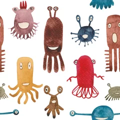 Keuken foto achterwand Monsters Aquarel naadloze patroon van grappige monsters en ziektekiemen. Unieke wezens voor babyproducten en designer composities. Veelkleurige individuen zien er geweldig uit op stof of papier.