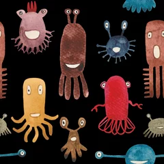 Gardinen Aquarell nahtlose Muster von lustigen Monstern und Keimen. Einzigartige Kreaturen für Babyprodukte und Designerkompositionen. Mehrfarbige Personen werden auf Stoff oder Papier großartig aussehen. © Julia