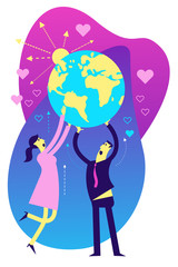 Ecological illustration. Earth day. Man and woman hold planet Earth in their hands. Care and love planet. Ecological thinking. Take Care Of Land. Concern for environment. Planting trees. ECO activist.