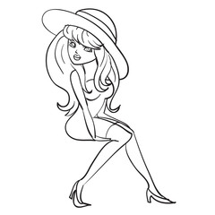 elegant woman in a big hat sits, outline drawing, isolated object on a white background,