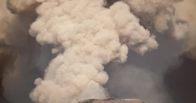 Violent volcanic eruption. Reventador volcano erupting in February 2020. The mountain is situated in a remote part of the Ecuadorian Amazon surrounded by rainforest. 