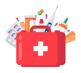 Medical pills, ointments, thermometer and first-aid kit. Vector flat isolated illustration