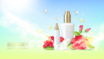 Hibiscus flowers at organic cosmetic and skin care cream. Aromatic oil and cream. Moisturizer with Vitamins and Regenerate Cream containes hibiscus essence. Beauty skin care design over blue. © Kotkoa