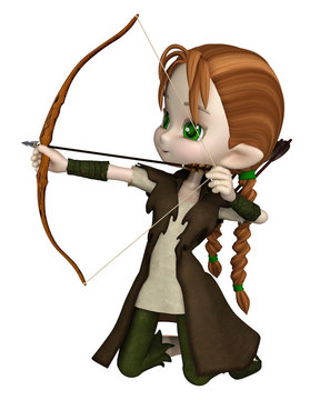 Cute toon Wood Elf archer girl with bow and arrows kneeling and taking aim at her target, 3d digitally rendered illustration