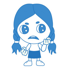 Obraz na płótnie Canvas emoticon with a cool angry girl, which stands with a warped mouth and threatens with two fists, blue vector clip art on isolated background