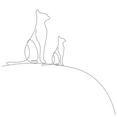 Cat family one line drawing on white background vector illustration