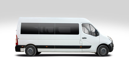 White minibus side view isolated on white - obrazy, fototapety, plakaty