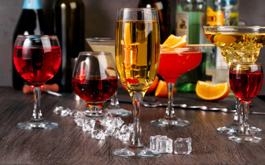 Selection of alcohol drinks in different glasses