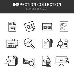 Inspection collection linear icons in black on a white background