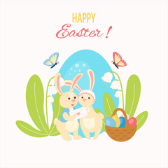 Cute two Easter Bunny and basket with colored eggs. Easter card. Vector illustration