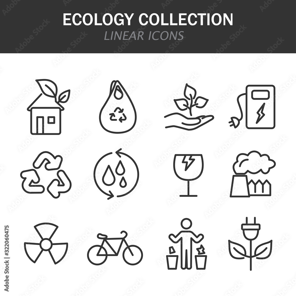Poster ecology collection linear icons in black on a white background