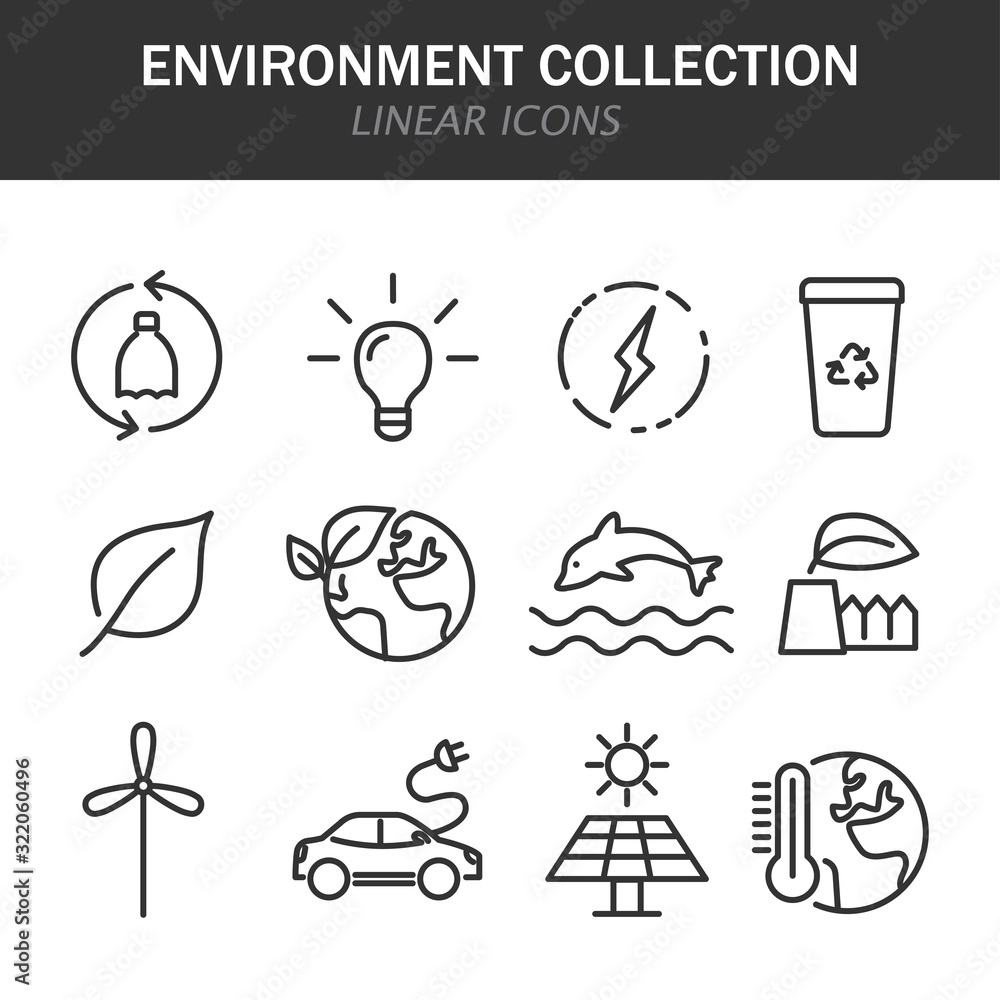 Poster Environment collection linear icons in black on a white background