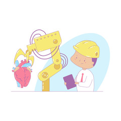 Industry vector cartoon concept illustration with robot and an engineer.
