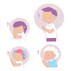 Praying people vector cartoon characters set isolated on a white background.