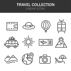 Travel collection linear icons in black on a white background