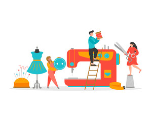 Sewing workshop, atelier, fashion design concept with small people characters. Huge mannequin, sewing Needle, scissors, threads. Vector illustration can for use logo, website template, poster