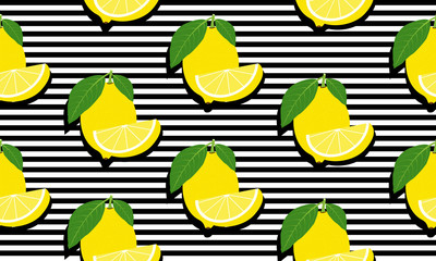 Naadloze achtergrond met strepen en hele citroenen en schijfjes citroenen met zwarte schaduw. Vector illustratie ontwerp voor wenskaart of sjabloon.