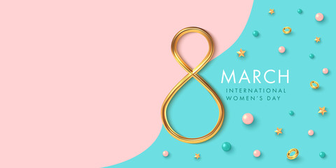 8 of march background with golden eight and decor in realistic vector design. Beautiful international women holiday promo. Romance greeting web banner layout template.