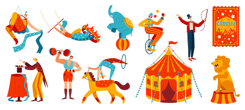 Circus performance, acrobats and trained animals, vector illustration. Set of isolated cartoon characters, people and animals performing stunts in circus. Horse, elephant, strongman and juggling clown
