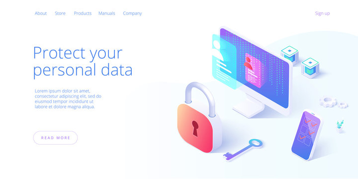 Personal data security in isometric vector illustration. Online file server protection system concept with computer and lock. Secure information transfer background template for web banner.