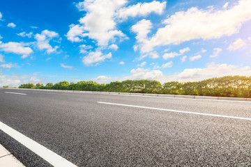 Asphalt road and green woods background