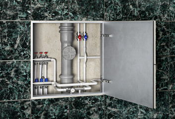 Hiding drainage pipes in bathroom interior with a secret door, 3d illustration