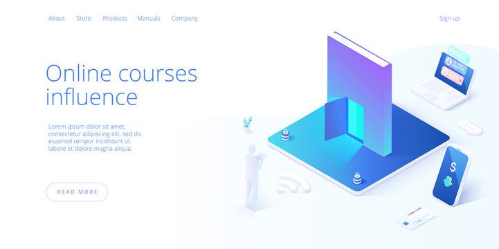 Online education concept vector illustration in isometric design. Internet distance training and courses on learning or educational platform. Website layout template for web banner usage.