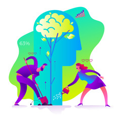 Ecological illustration. Earth day. Man and woman water, care for, and take care of the tree. Silhouette of a man's head with a growing tree. Ecological thinking. Planting trees. ECO activist. Green.