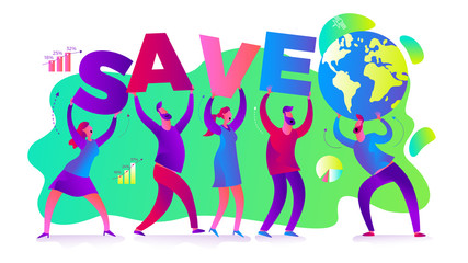 Ecological illustration. Earth day. Men and women are calling to save planet. Ecological thinking. Global warming, CO 2. No plastic. Ecological thinking. ECO activist. Environmental protection. Green.