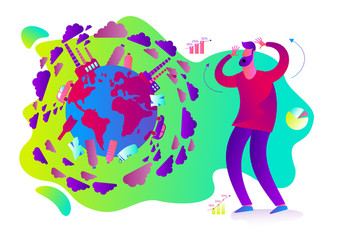 Ecological illustration. The man holds his head in horror.  Planet Earth in smoke, plastic, garbage.  Global warming. Greenhouse effect of CO2. Environmental problem. Eco activist. Green. Ecologist.