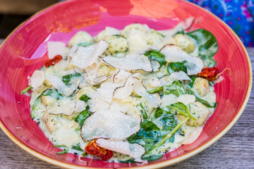 Italian pasta with truffle mushroom chips