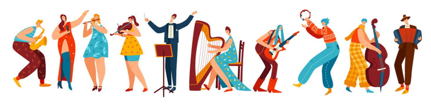 People Playing Music In Different Styles, Isolated Cartoon Characters, Vector Illustration. Men And Women With Musical Instruments, Violin, Saxophone, Harp And Guitar. Smiling Creative Musicians