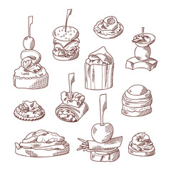 Set of finger food elements. Canape and appetizes served on sticks in sketch style. Catering service template. Vector illustration