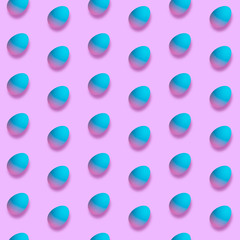 Card for Happy Easter celebrating or greeting. Neon blue colored eggs on pink background. Modern artwork, bright wallpaper, background, pattern for your device, design or advertisement. concept.