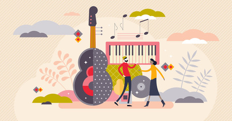 Music festival abstract concept, flat tiny person vector illustration