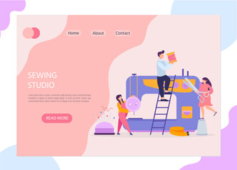 Sewing studio. Sewing classes, custom clothing and accessories. Dressmaker and sewing machine. Illustration with small people, smartphone can use for landing page, web, banner, poster, flyer, template