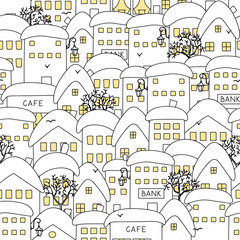 Seamless pattern of city houses. Hand-drawn houses, street lights and trees.