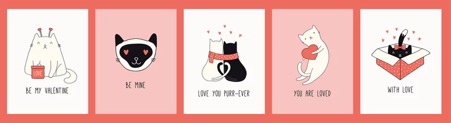  Verzameling van handgetekende Valentijnsdag wenskaarten met schattige katten in hoeden, harten, geschenken, citaten. Vector illustratie. Lijntekening. Ontwerpconcept voor vakantie afdrukken, uitnodigen, banner, cadeau-tag. © Maria Skrigan