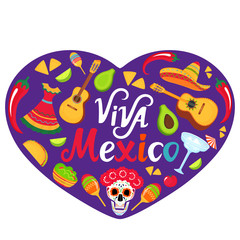 Viva Mexico banner. Sombrero, guitar, sugar skull, cactus, guacamole, tacos. Decorations for national Mexican celebrations. Cinco de Mayo. Day of the Dead
