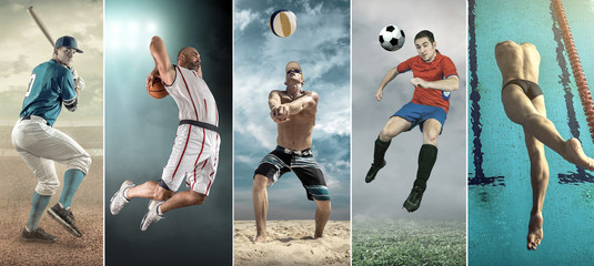 Collage of professional sport athlettes. Baseball, basketball, beach volleyball, soccer, football,...