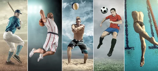 Tuinposter Collage of professional sport athlettes. Baseball, basketball, beach volleyball, soccer, football, swimming. © Andrii IURLOV