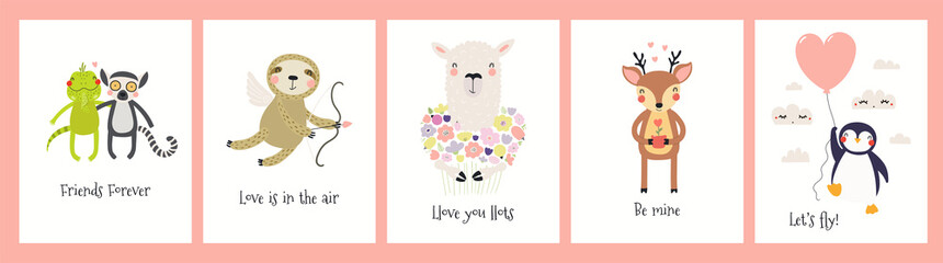Obraz na płótnie Canvas Collection of Valentines day cards with cute funny animals, hearts, quotes. Hand drawn vector illustration. Scandinavian style flat design. Concept for children holiday print, invite, gift tag, banner