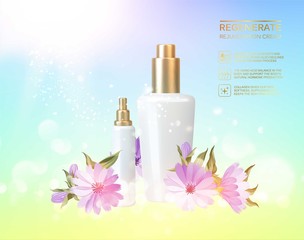 Awesome bouquet of chicory flowers and bottle, jar with a regenerate cream for your body. Skin shampoo cosmetics, plastic tube with vitamin complex for spa relax. Flower wreath on blue background.